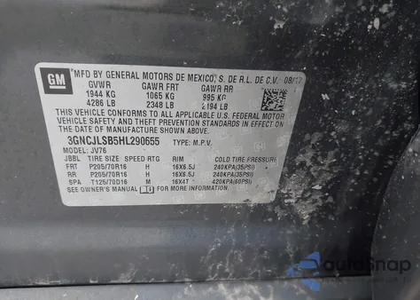 2017 Chevrolet Trax Lt z USA, uszkodzony, nr VIN 3GNCJLSB5HL290655